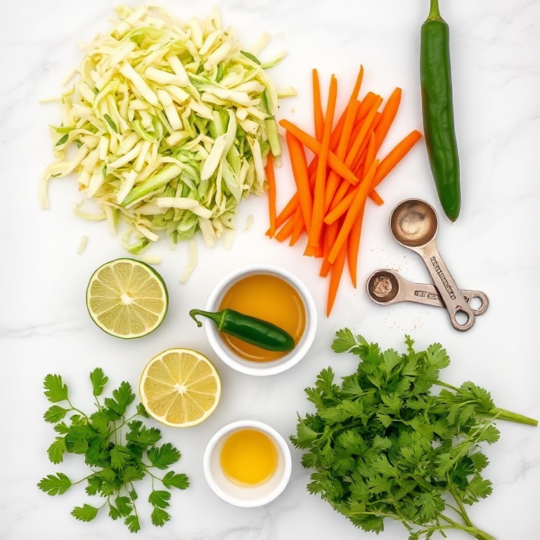 Overhead view of all raw ingredients for easy cabbage slaw for fresh fish tacos including shredded cabbage, carrots, lime, jalapeno, and cilantro