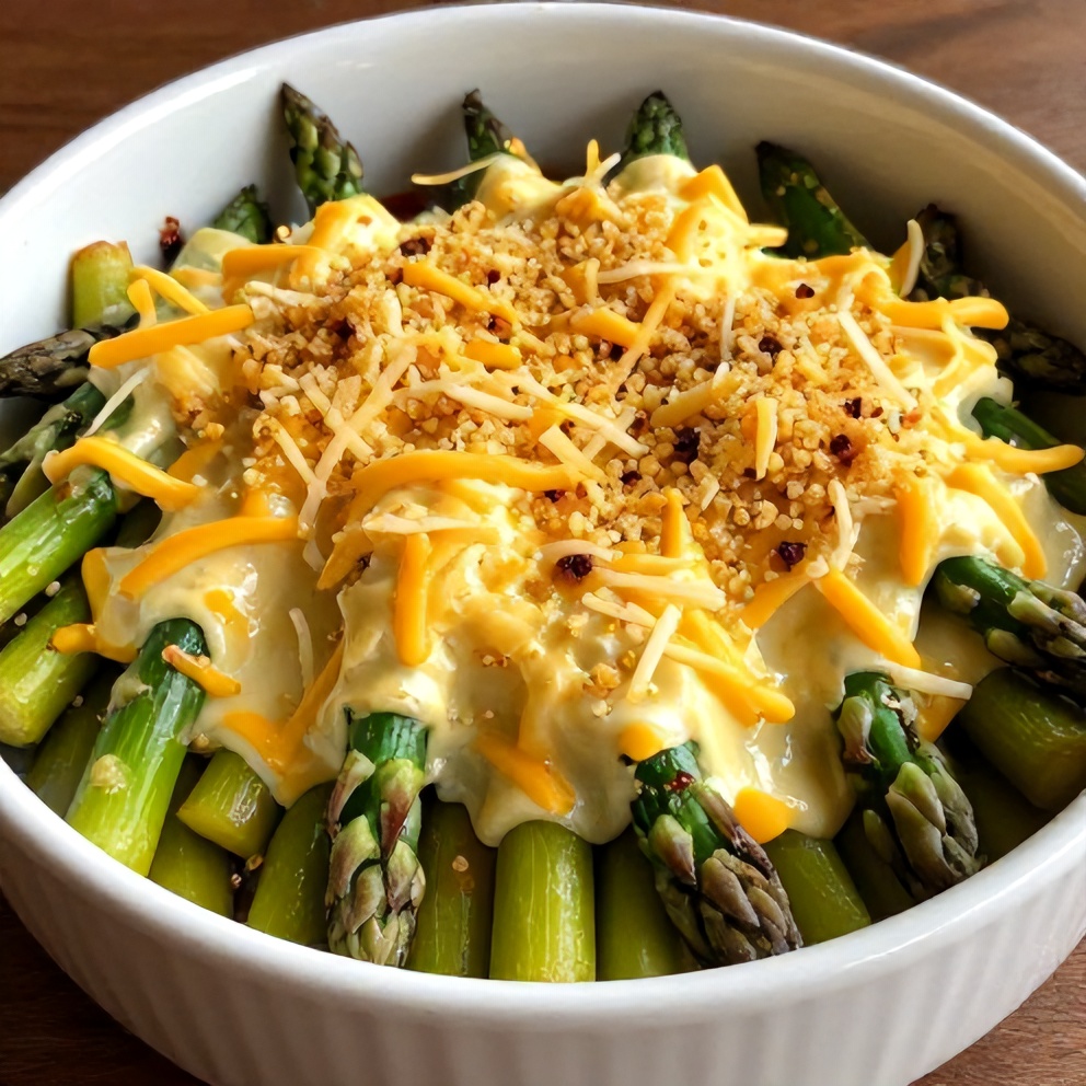 Plated serving of cheesy asparagus casserole