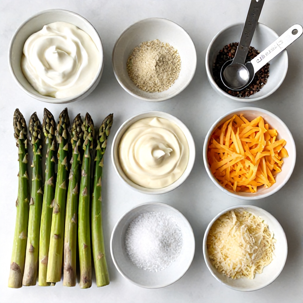 Raw ingredients for cheesy asparagus casserole