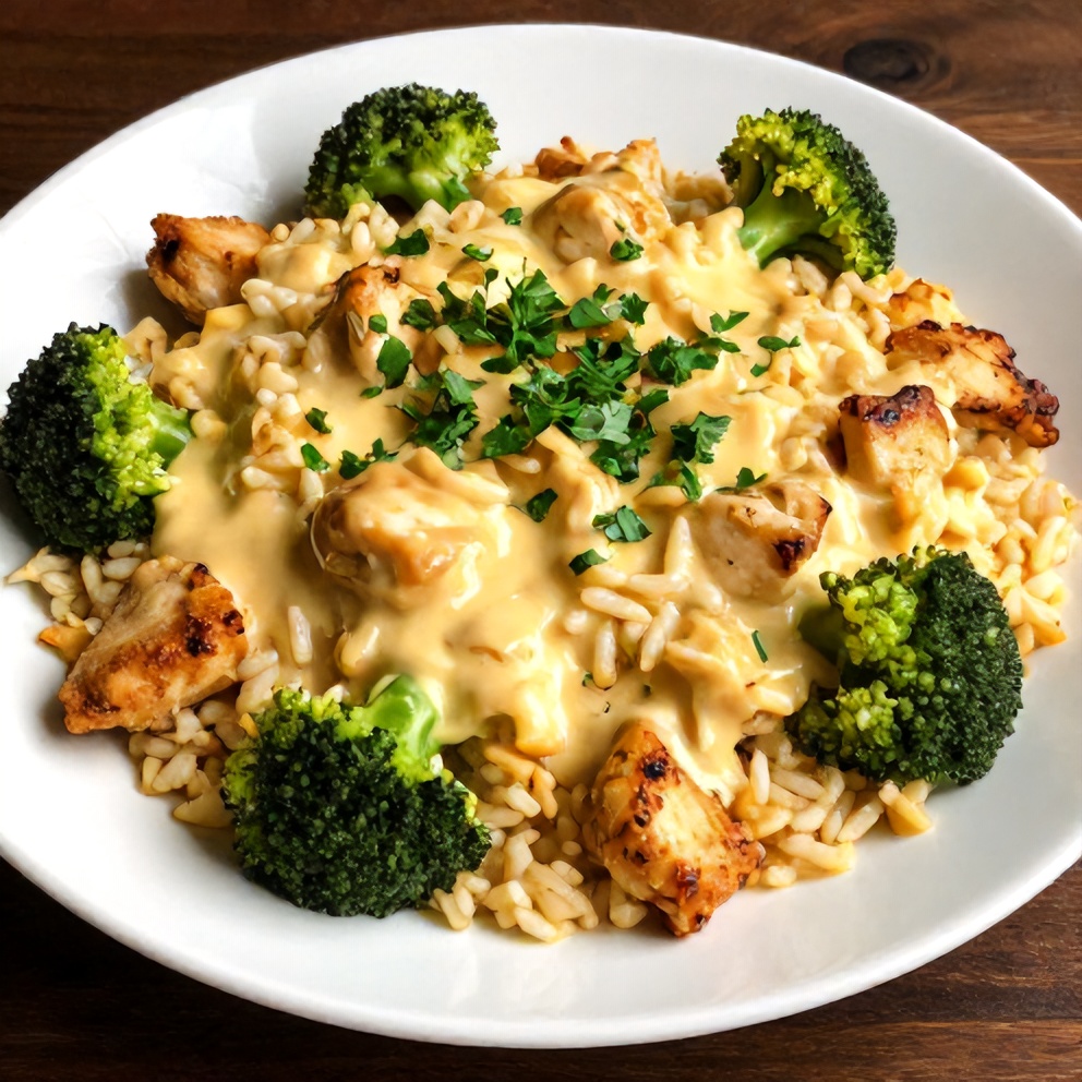 Perfectly Plated Cheesy Broccoli Chicken and Rice