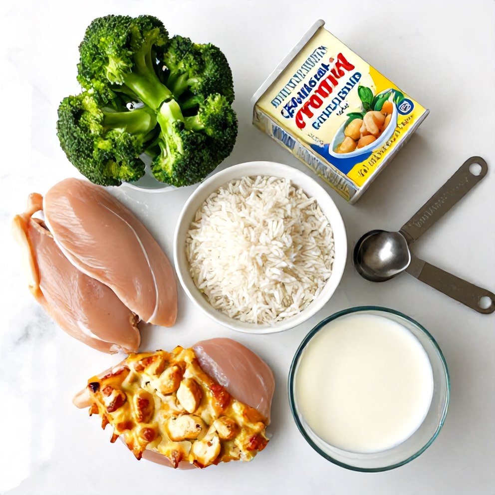 Raw Ingredients for Cheesy Broccoli Chicken and Rice Crockpot Dinner