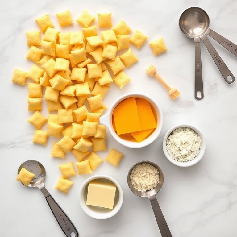 Overhead flat lay: Ritz crackers, sharp cheddar, garlic powder, melted butter, grated parmesan on white marble with measuring spoons and small bowls