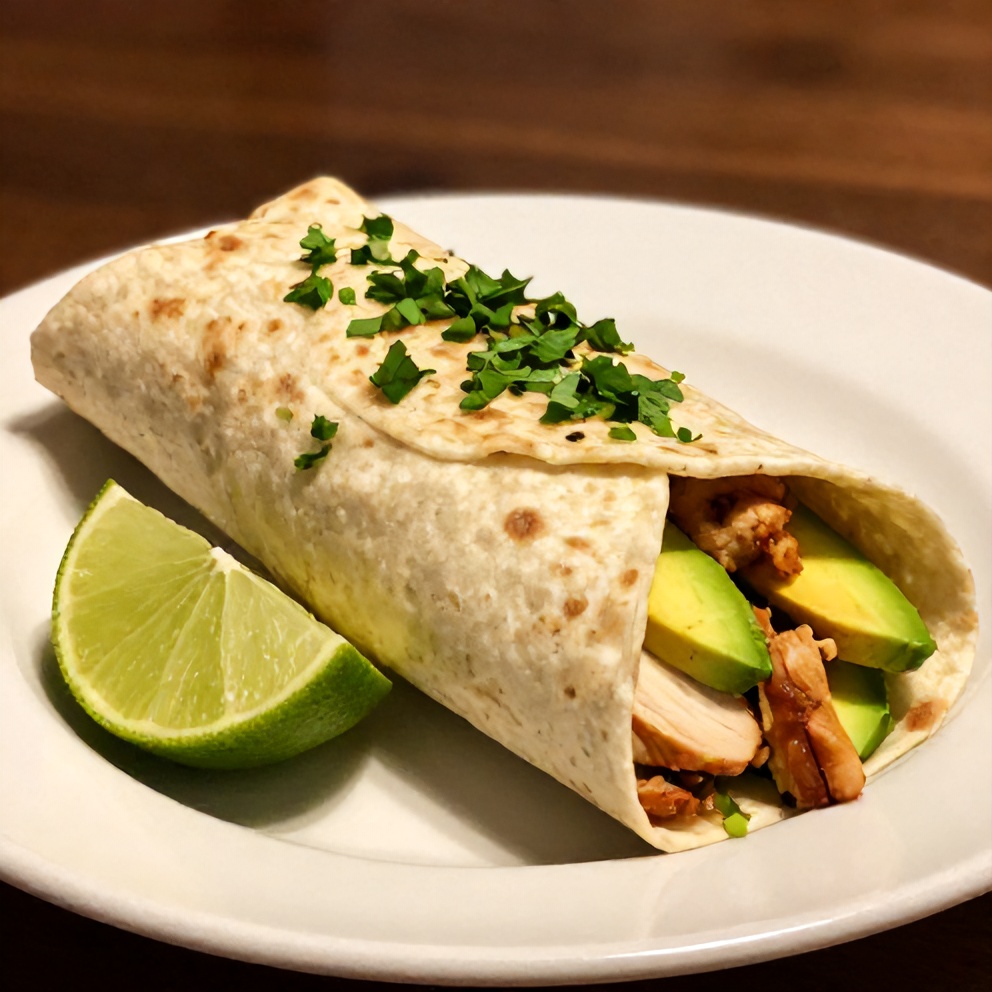 Chicken avocado wrap on a white plate with a side of chips