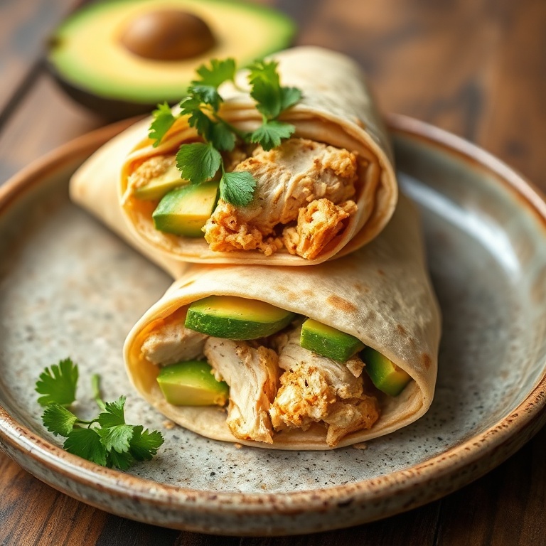 Close-up of a plated chicken avocado wrap garnished with fresh cilantro on a rustic ceramic plate with warm lighting