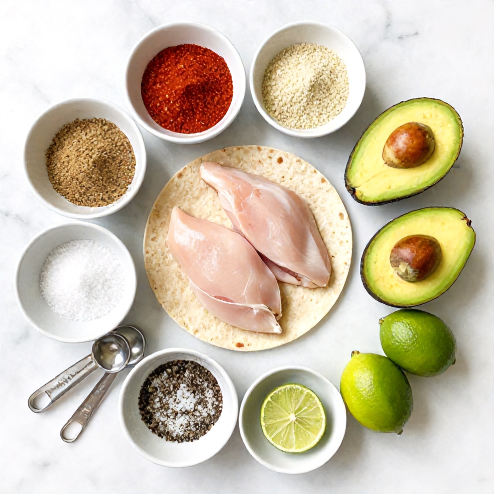 Raw ingredients for chicken avocado wrap on a marble surface