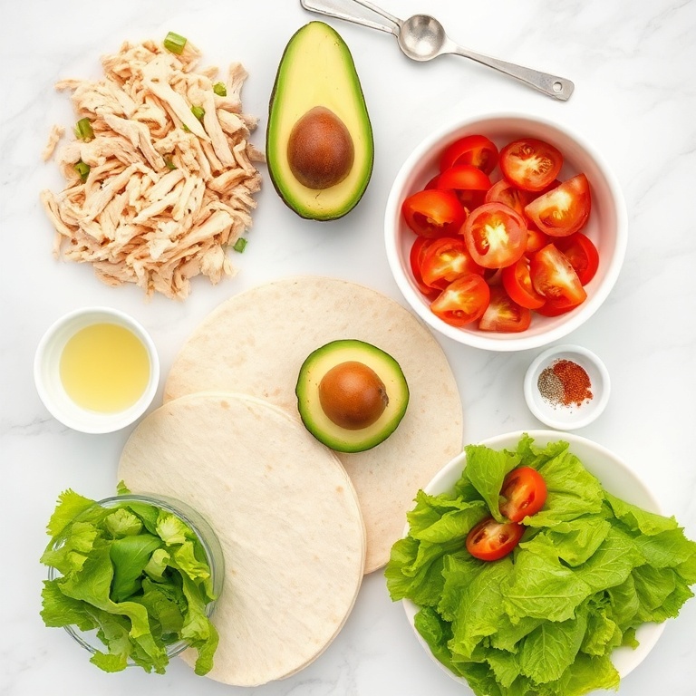 Overhead view of raw ingredients for chicken avocado wrap including cooked chicken breast, ripe avocado, lettuce, tomato, and soft flour tortillas with prep bowls on a white marble surface