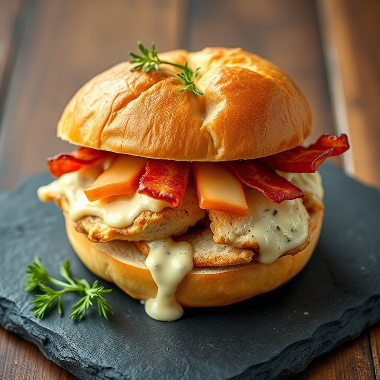 Plated easy chicken bacon ranch sandwich on a dark slate board garnished with fresh dill sprigs.