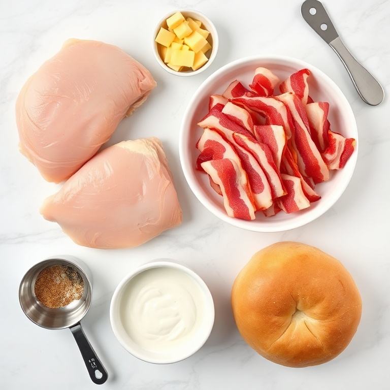 Raw boneless chicken breast, thick-cut bacon, cheddar cheese slices, ranch dressing, and brioche buns arranged overhead on white marble.