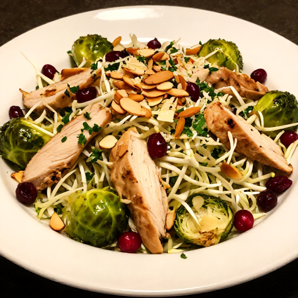 A plated serving of chicken Brussels sprout salad garnished with shaved parmesan and dried cranberries
