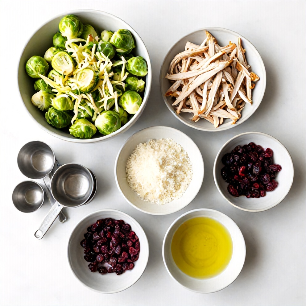Raw ingredients for Chicken Brussels Sprout Salad laid out flat with cranberries, parmesan, cooked chicken, Brussels sprouts, and dressing ingredients