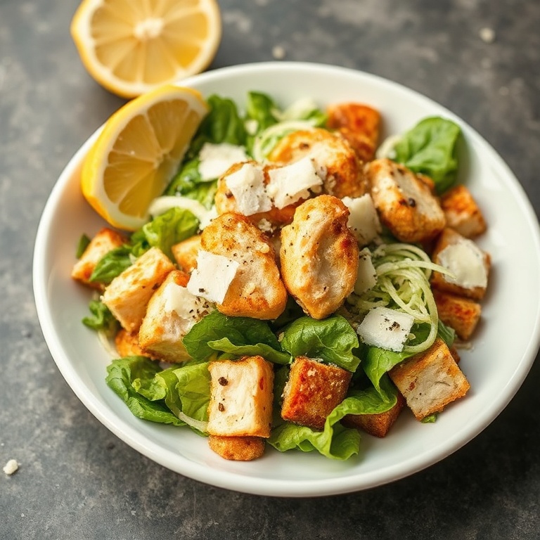 Plated easy chicken caesar salad garnished with shaved parmesan and lemon wedge
