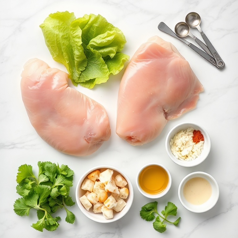 Raw ingredients for easy chicken caesar salad including romaine lettuce chicken breast parmesan croutons and garlic