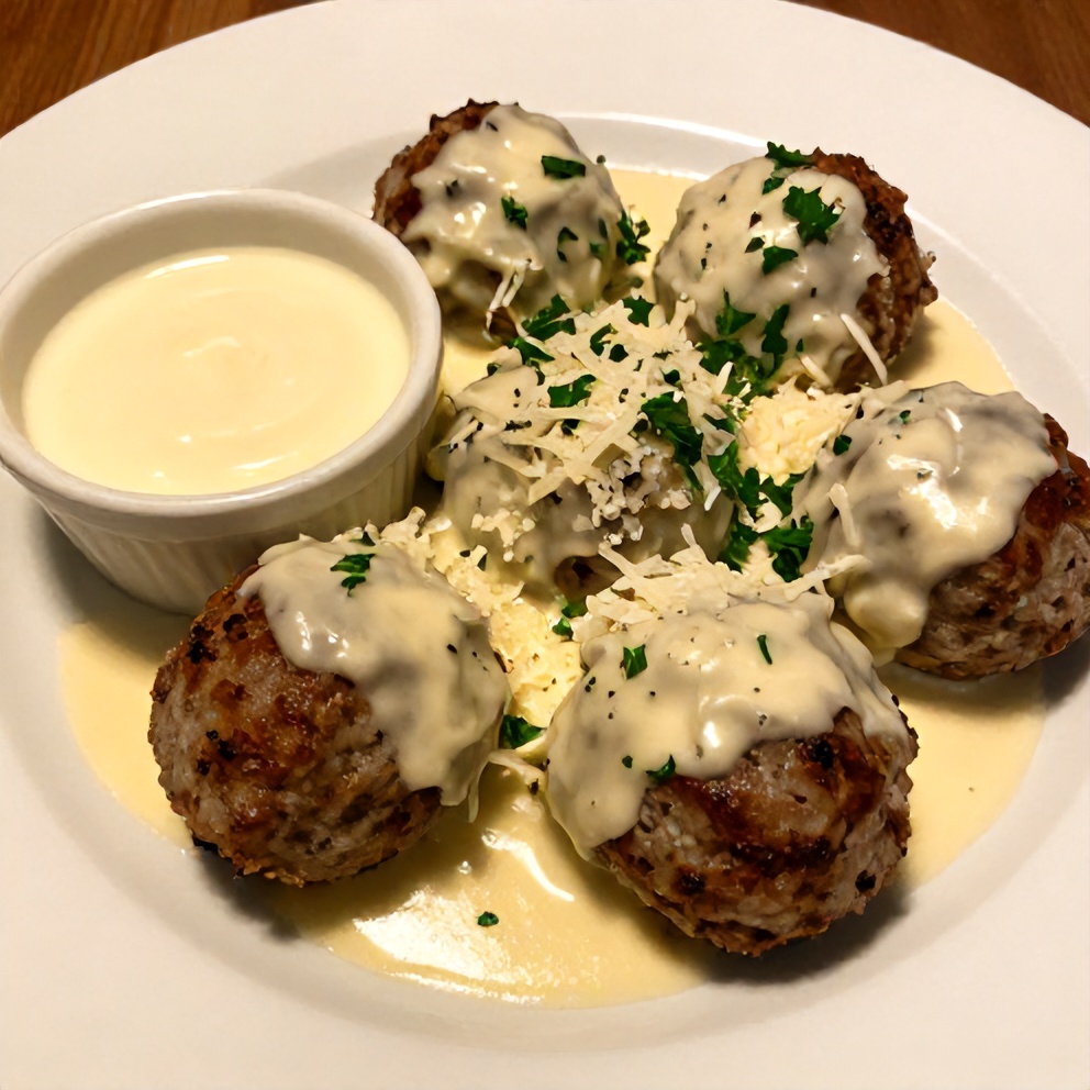 Plated serving of chicken cordon bleu meatballs with creamy sauce