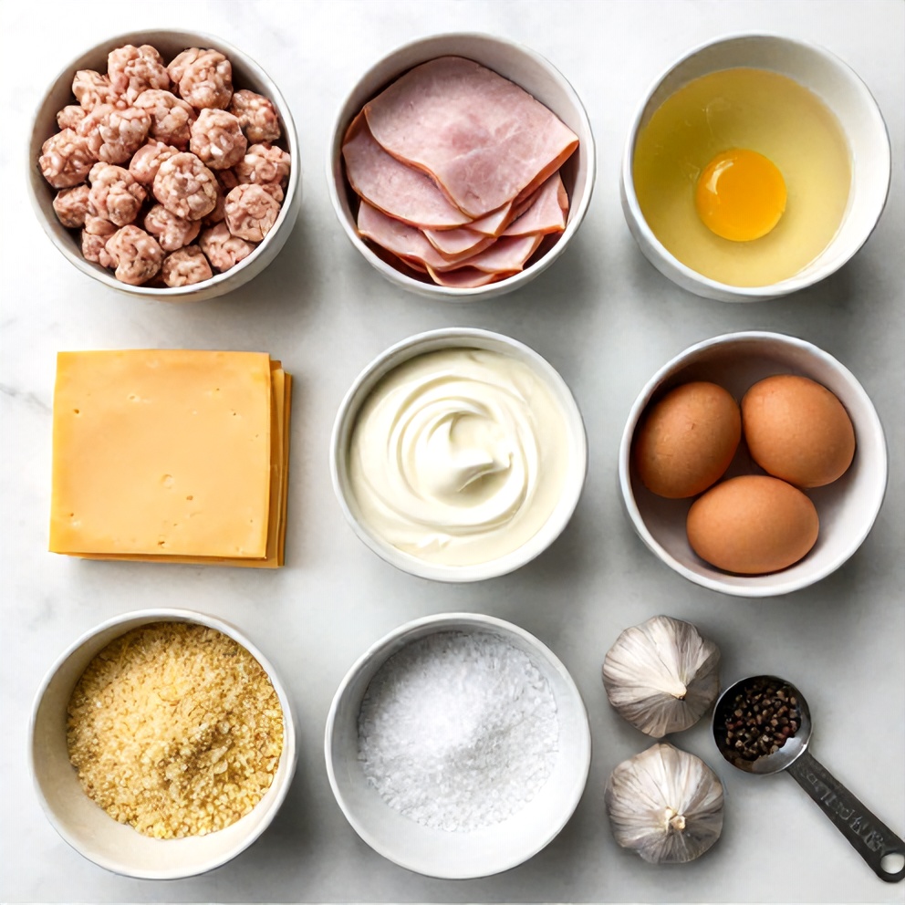 Raw ingredients for chicken cordon bleu meatballs