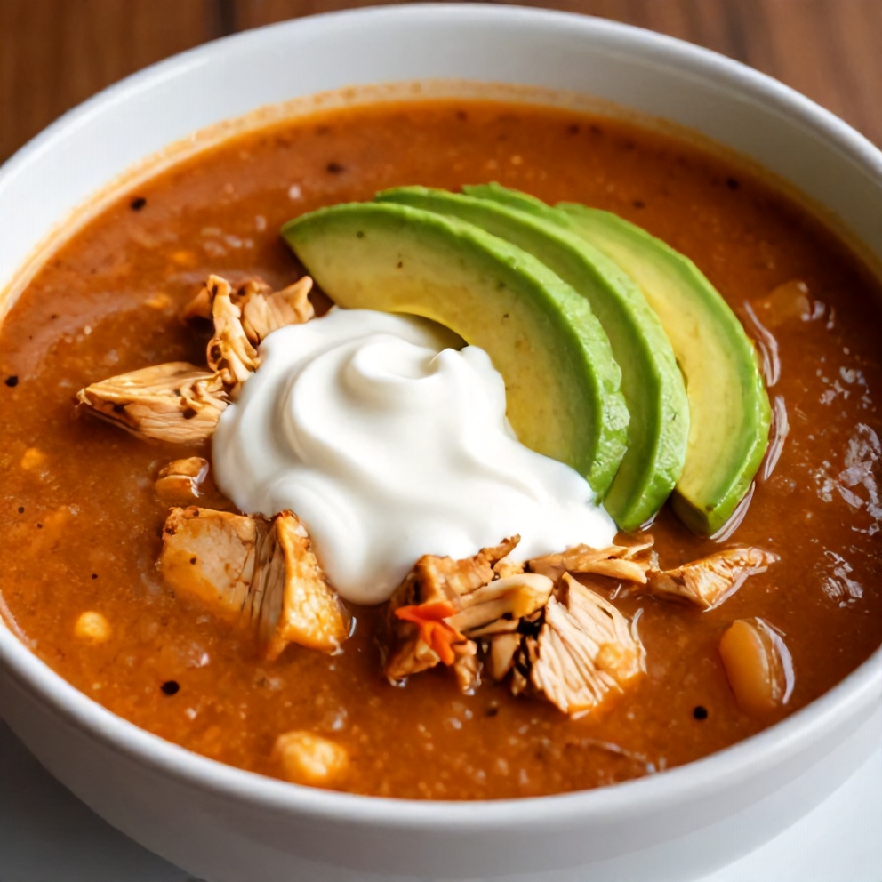 Bowl of Chicken Enchilada Soup with sour cream and avocado