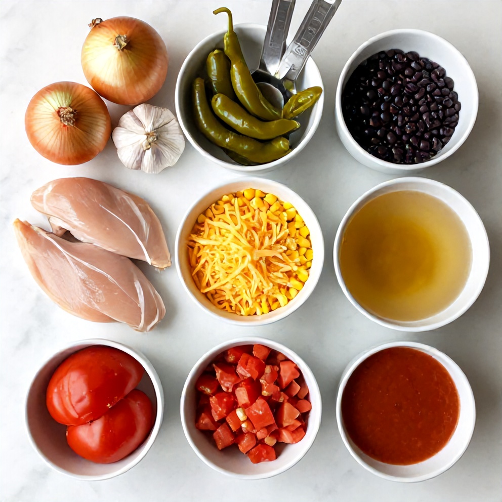 Raw ingredients for Chicken Enchilada Soup on a wooden surface