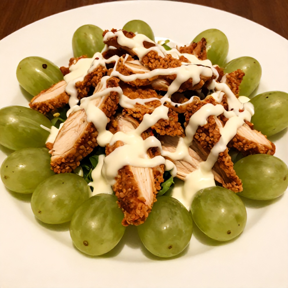 Plated Chicken Grape Salad with crispy chicken, fresh grapes, and creamy dressing