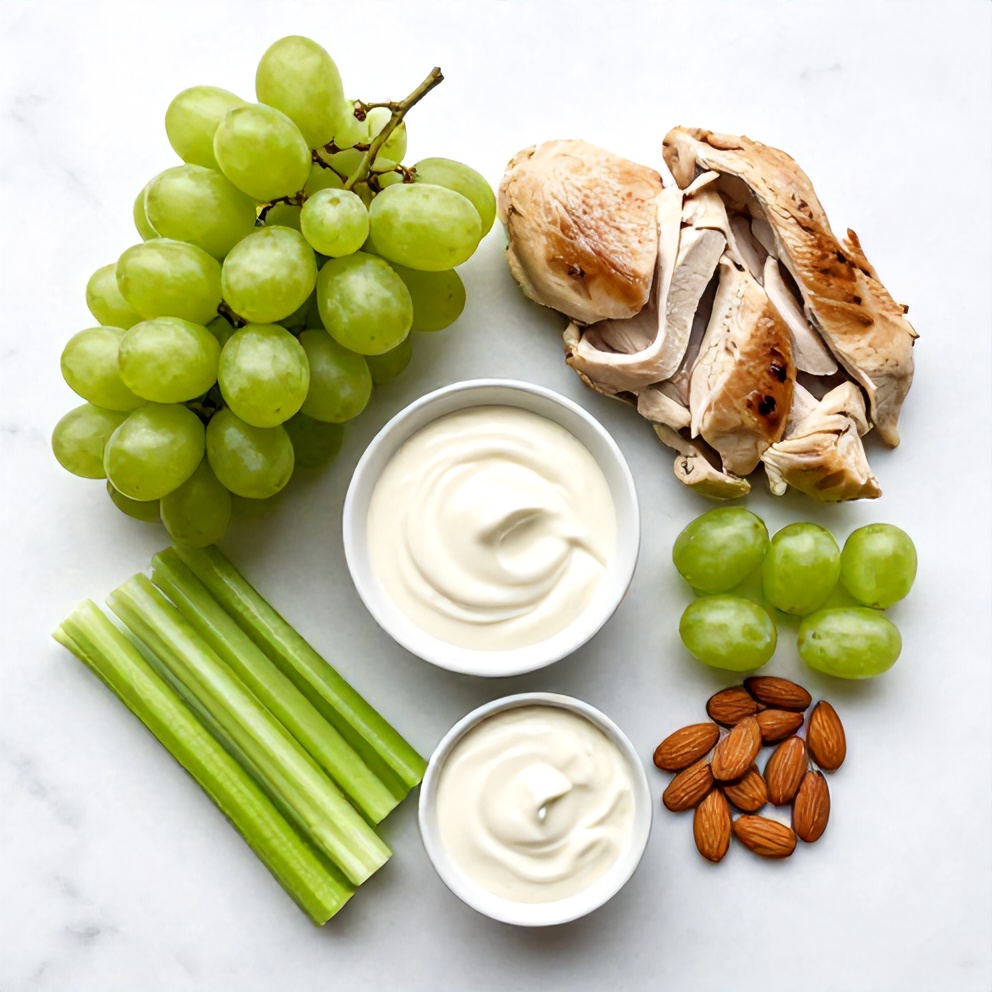 Raw ingredients for Chicken Grape Salad: cooked chicken, grapes, celery, mayo, sour cream, and almonds
