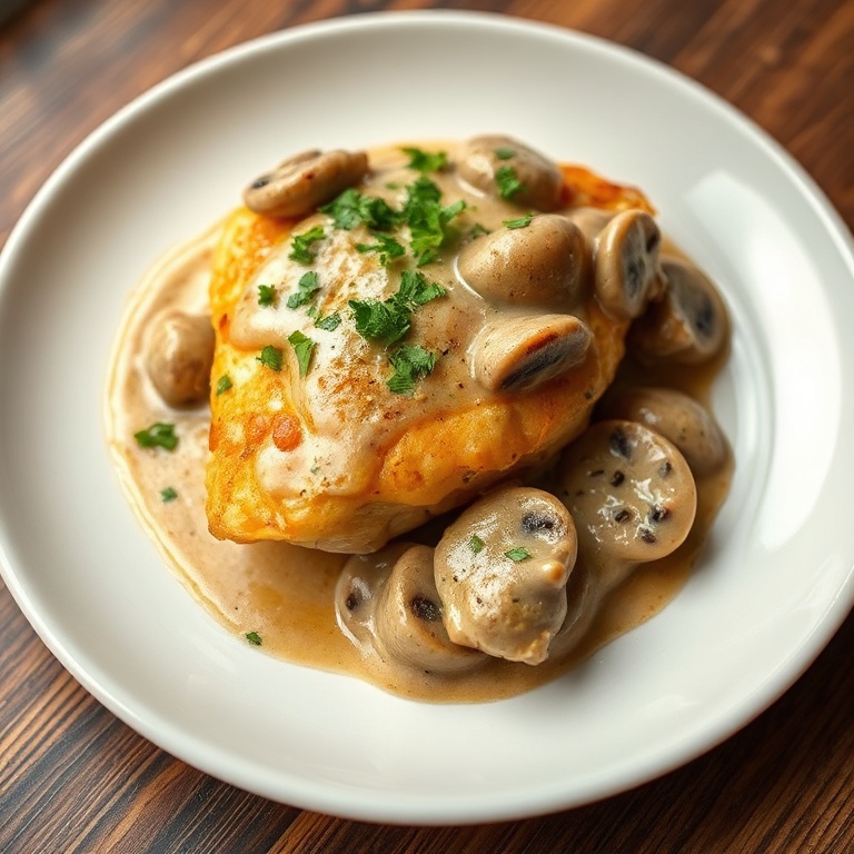 A plated serving of chicken marsala garnished with parsley on a white dinner plate