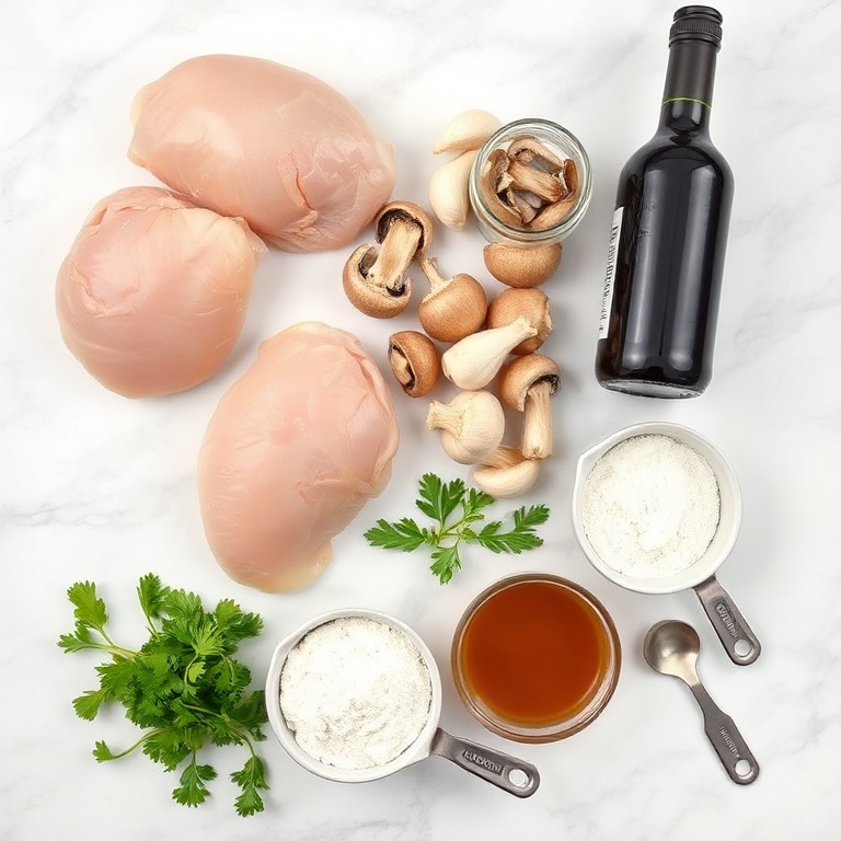 Raw chicken breasts, mushrooms, Marsala wine, garlic cloves, and fresh parsley arranged on a white marble surface