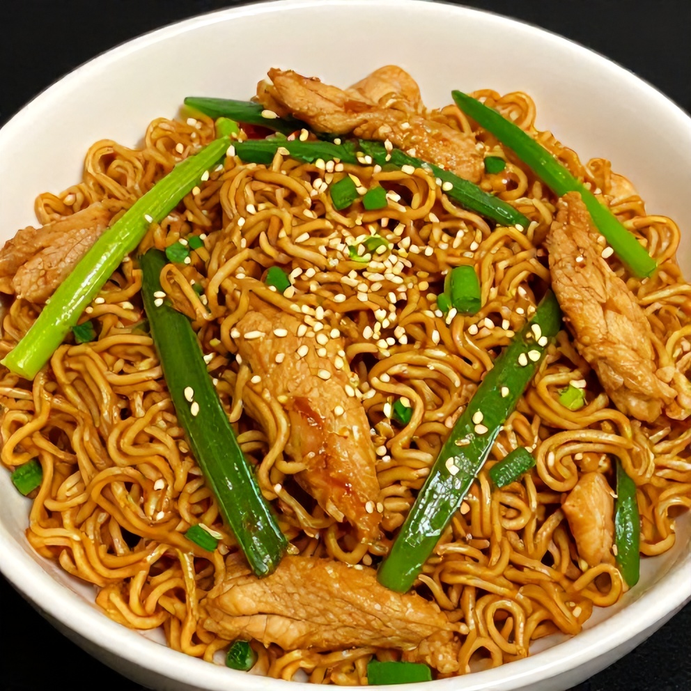 One plated serving of easy chicken ramen stir fry garnished with sliced green onions on a white ceramic bowl