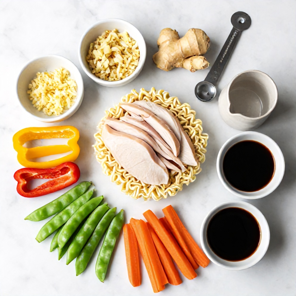 Raw ingredients for easy chicken ramen stir fry including ramen noodles, chicken breast, bell peppers, snap peas, and carrots arranged on a white marble surface