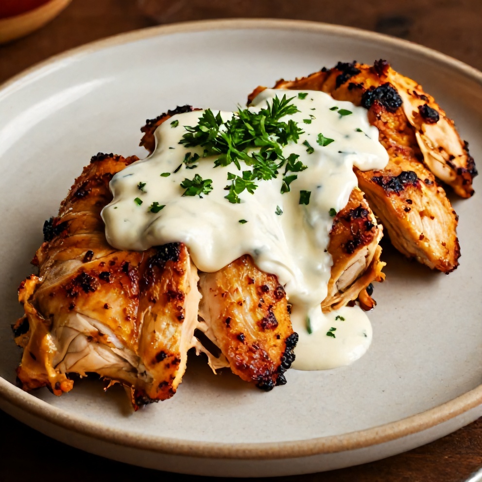 Plated golden chicken shawarma topped with fresh parsley and garlic sauce on a rustic ceramic plate