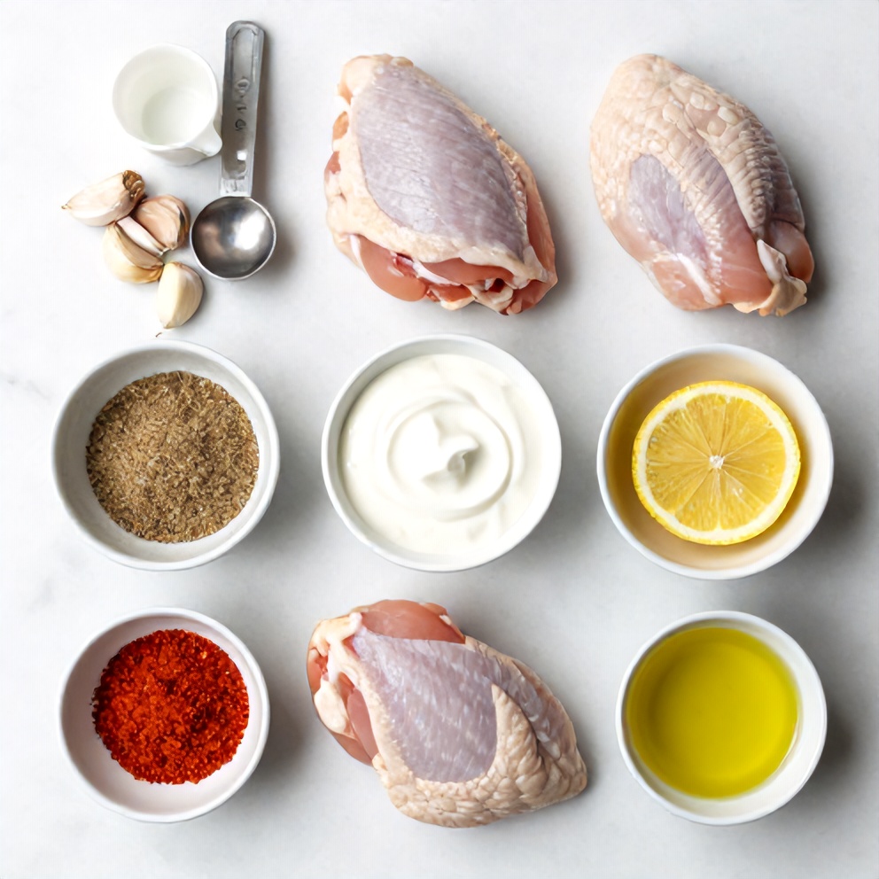 Overhead shot of raw chicken, garlic, spices, olive oil, and lemon with measuring spoons on a white marble surface