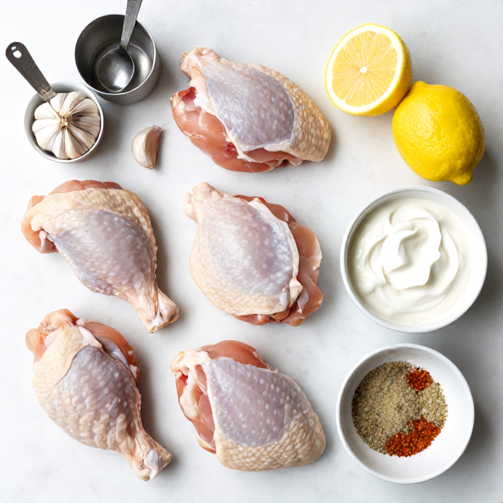 Overhead flat lay of raw chicken thighs, garlic cloves, spices, lemon, and yogurt in prep bowls on white marble