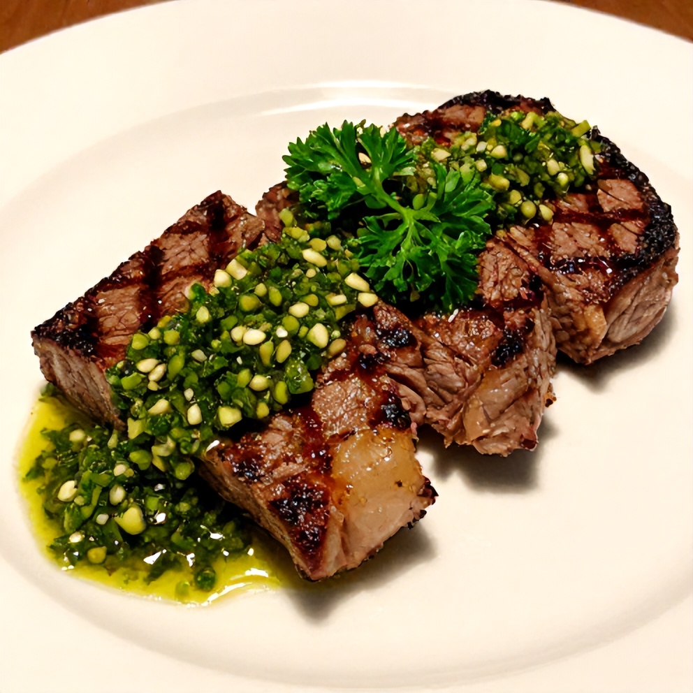 Plated steak with chimichurri sauce