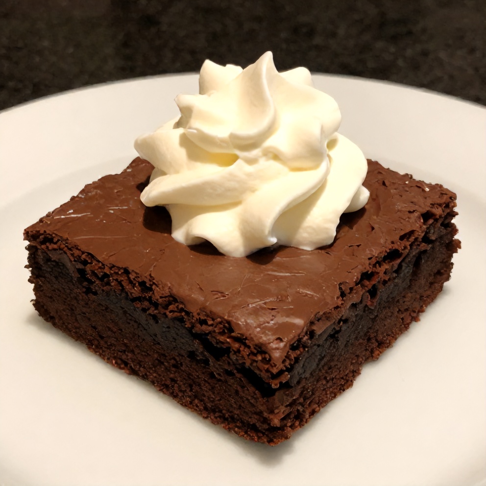 Chocolate Mousse Brownies plated with a dollop of whipped cream