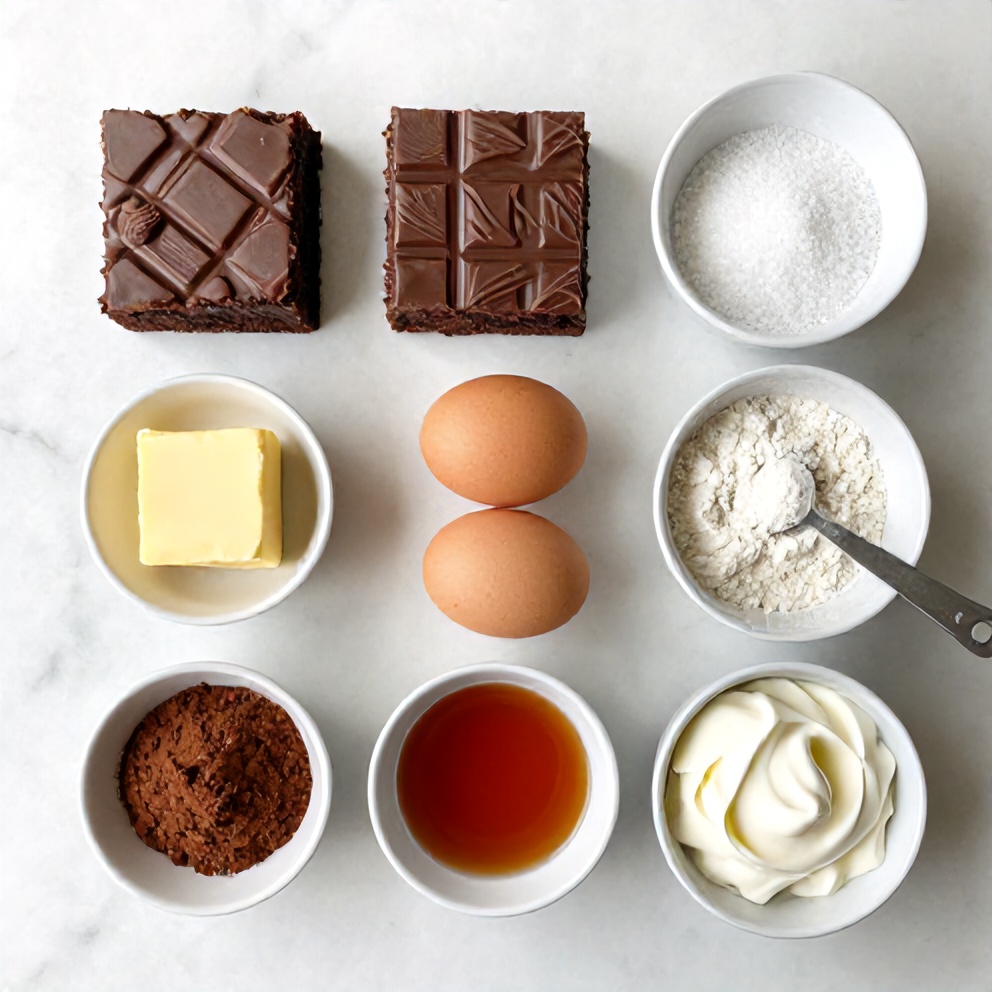 Chocolate Mousse Brownies ingredients: chocolate, butter, eggs, sugar, flour, cocoa powder, vanilla extract, heavy cream
