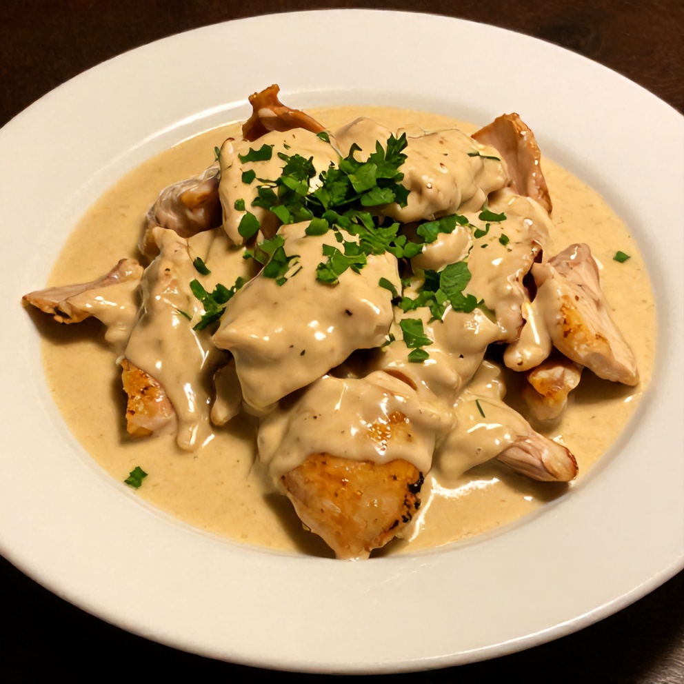 One plated serving of easy coconut chicken garnished with fresh cilantro on a white ceramic plate with side lighting highlighting texture