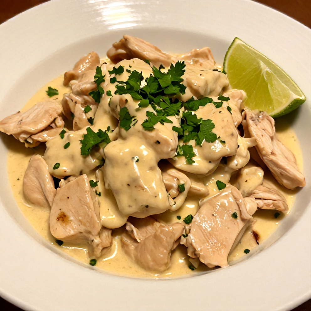 Plated easy coconut chicken garnished with cilantro on a white bowl with a lime wedge