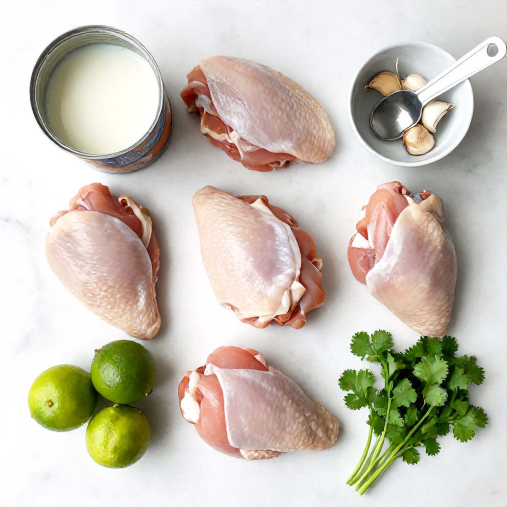 Overhead flat lay of raw ingredients for easy coconut chicken showing chicken thighs, coconut milk can, fresh lime, garlic cloves, and fresh cilantro with prep bowls on white marble surface