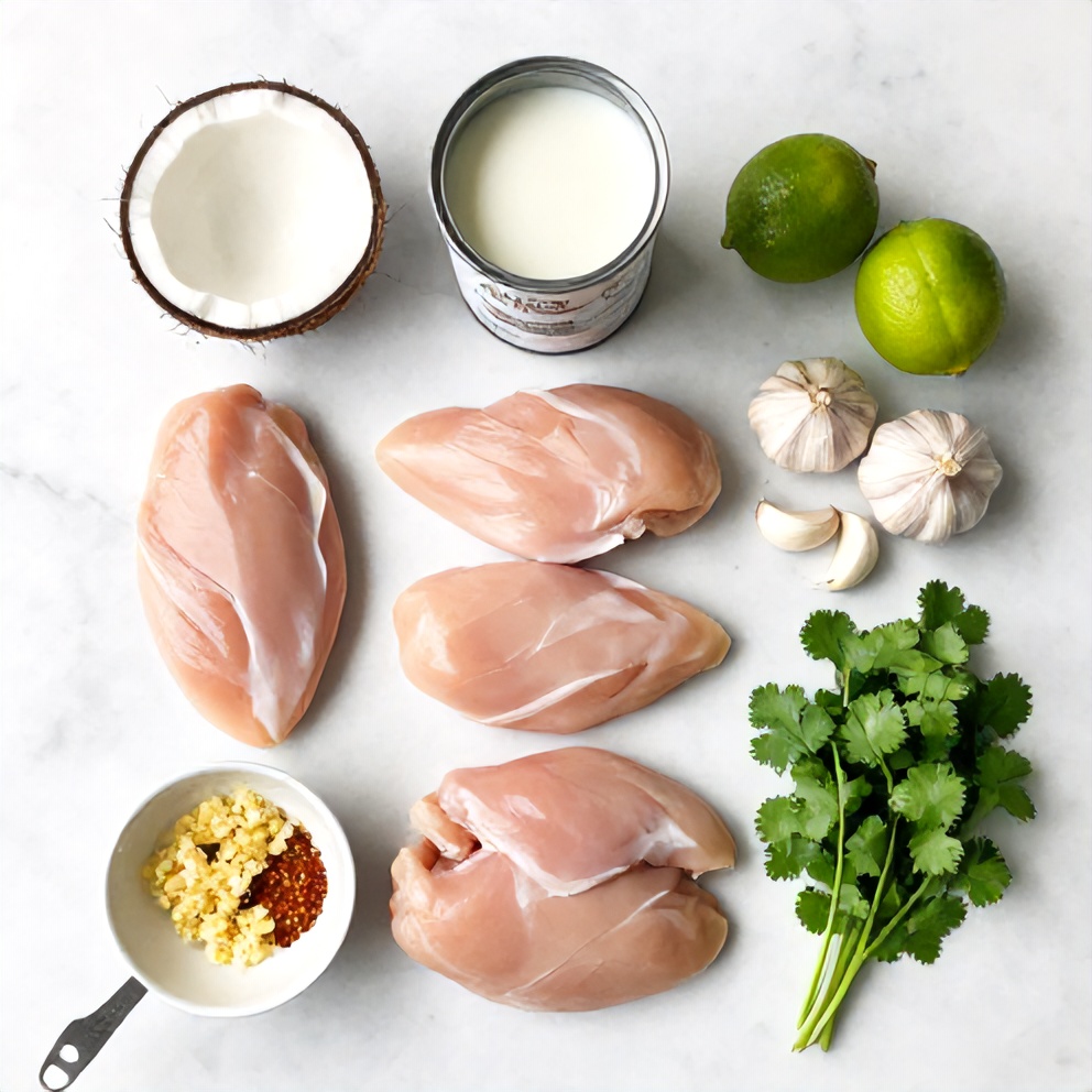 Raw ingredients for easy coconut chicken including chicken breast, coconut milk, lime, garlic, and cilantro arranged on a wooden surface