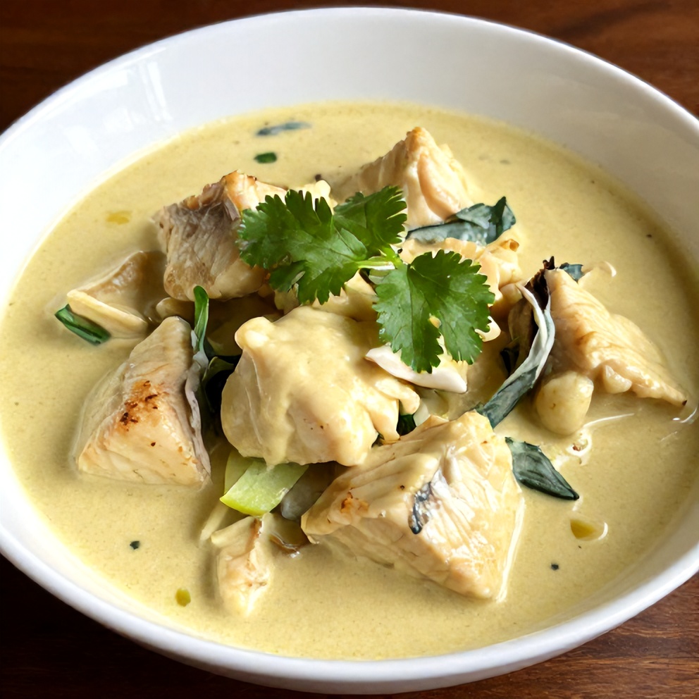 Plated portion of coconut lime fish curry garnished with fresh cilantro in a white bowl