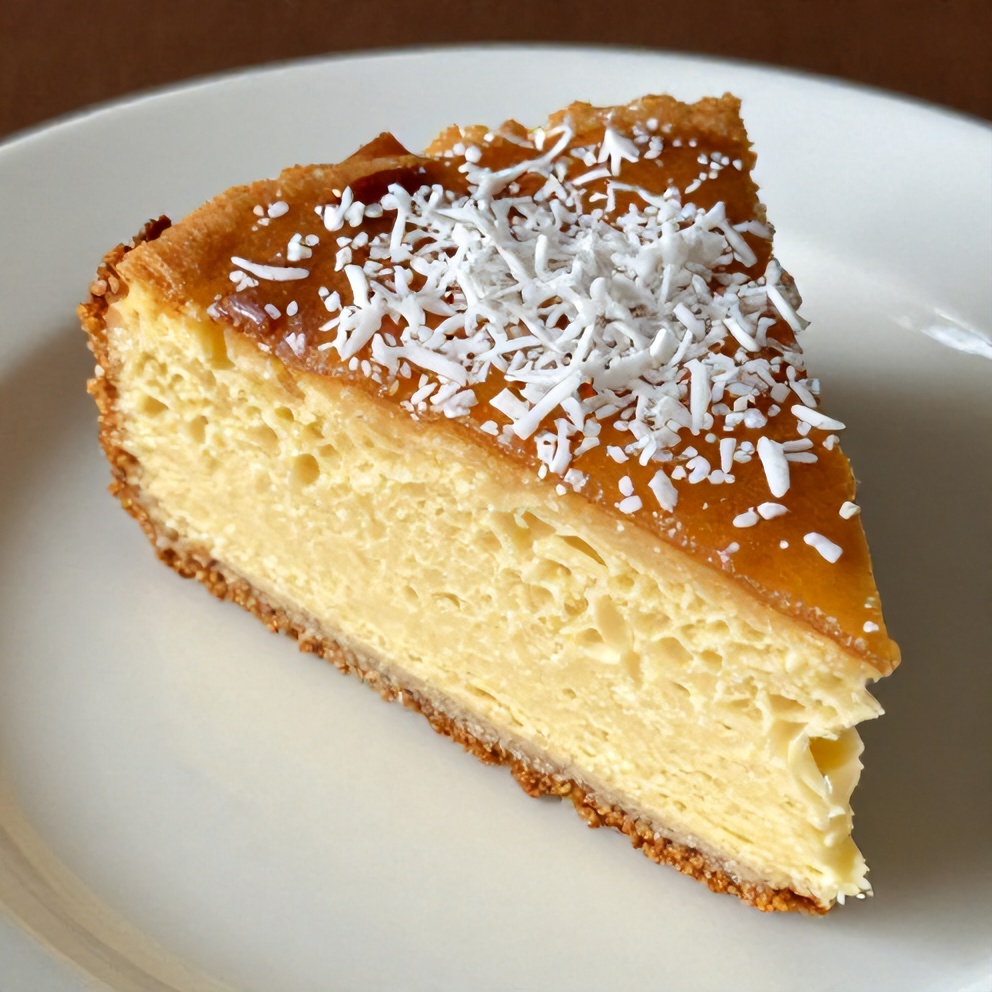 A slice of Easy Coconut Milk Snack Cake on a white plate, garnished with coconut flakes