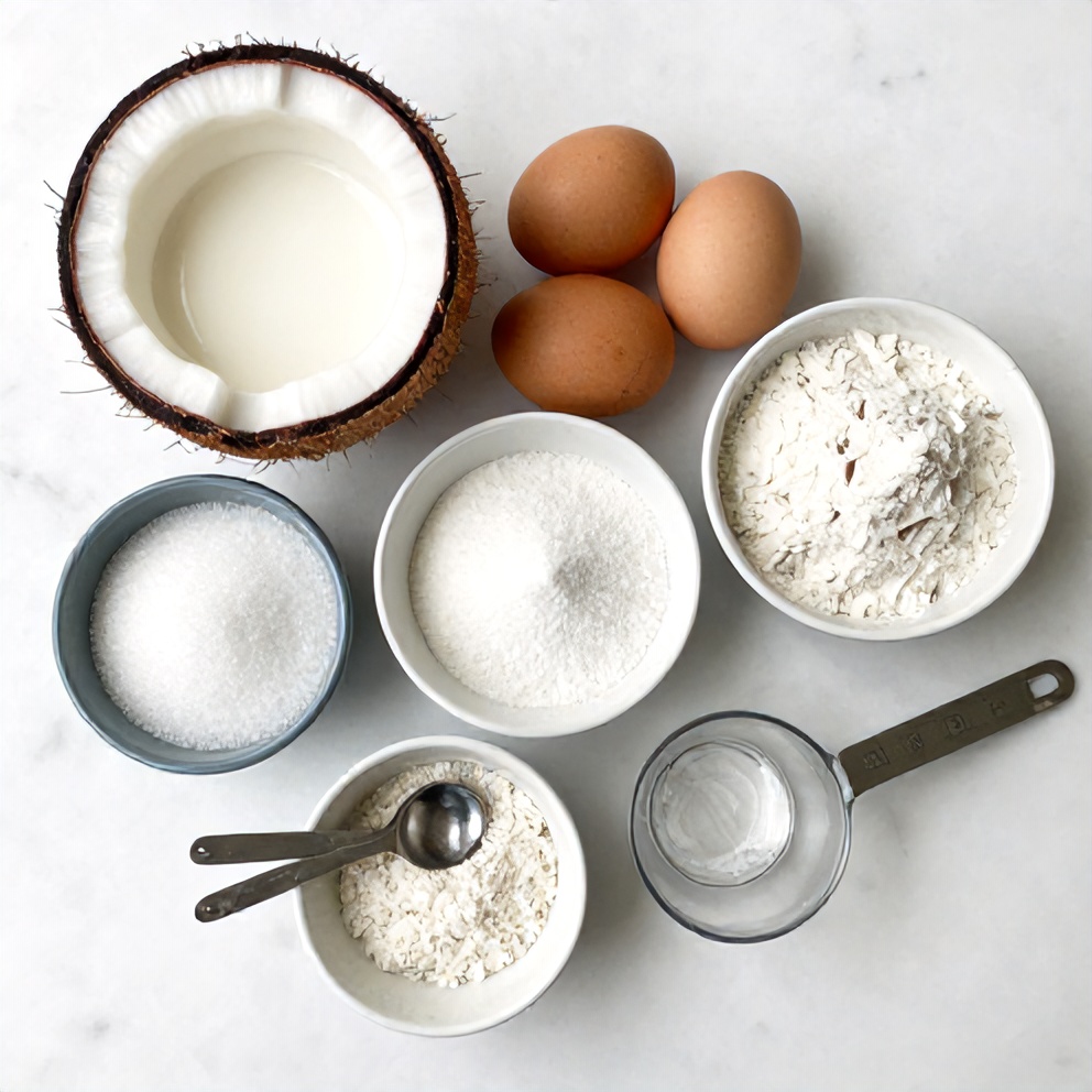 Coconut milk, sugar, eggs, flour, and coconut flakes arranged on a white marble surface