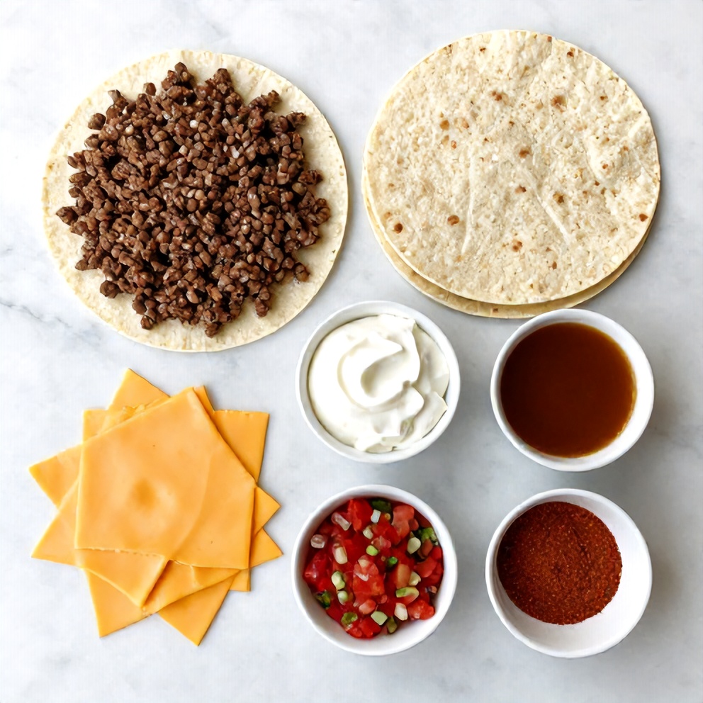 Raw ingredients for Copycat Taco Bell Meximelt arranged on a marble surface