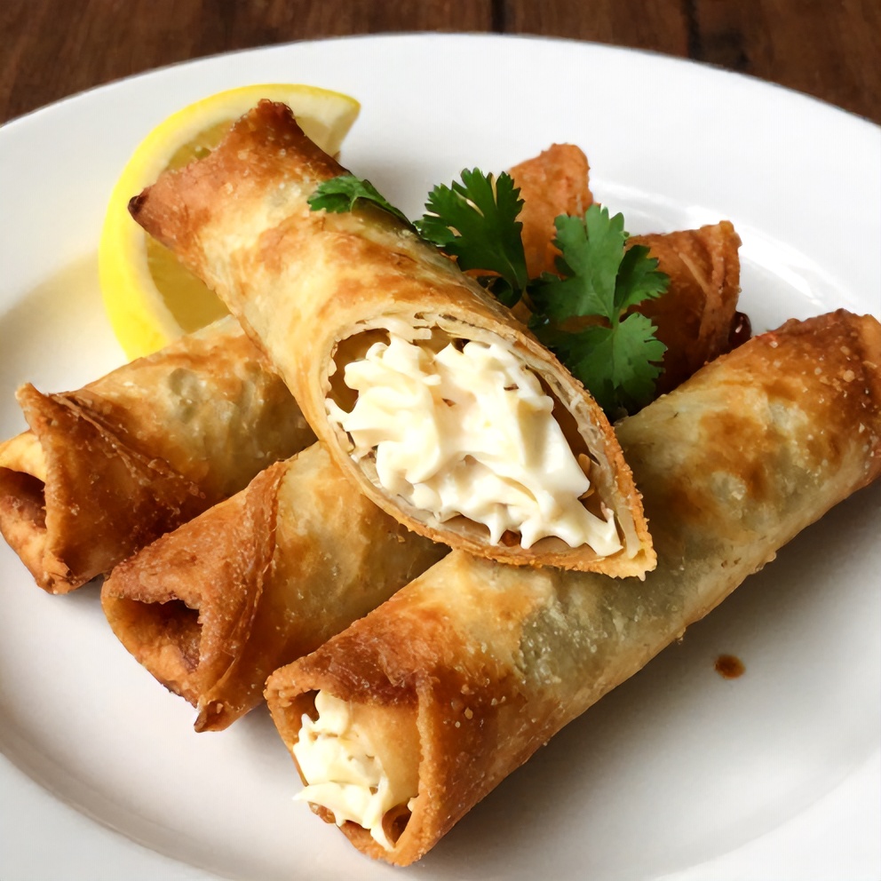 Plated Crab Rangoon Pinwheels with a lemon wedge