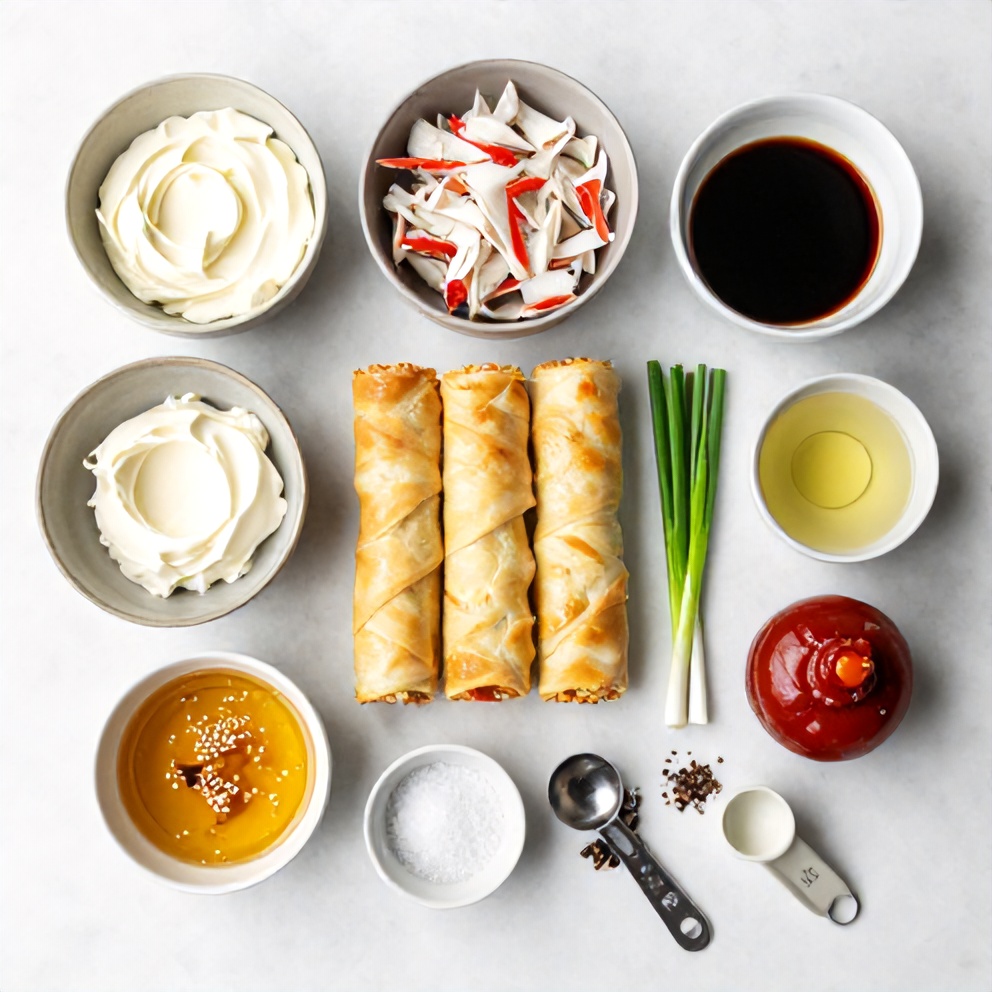 Ingredients for Crab Rangoon Pinwheels on a marble surface