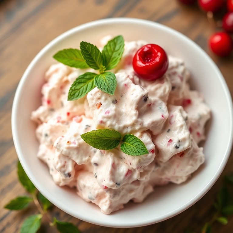 Single serving of easy cranberry fluff salad in a white ceramic bowl, garnished with fresh mint leaves and a whole cranberry, warm side lighting highlighting creamy texture and glossy surface.