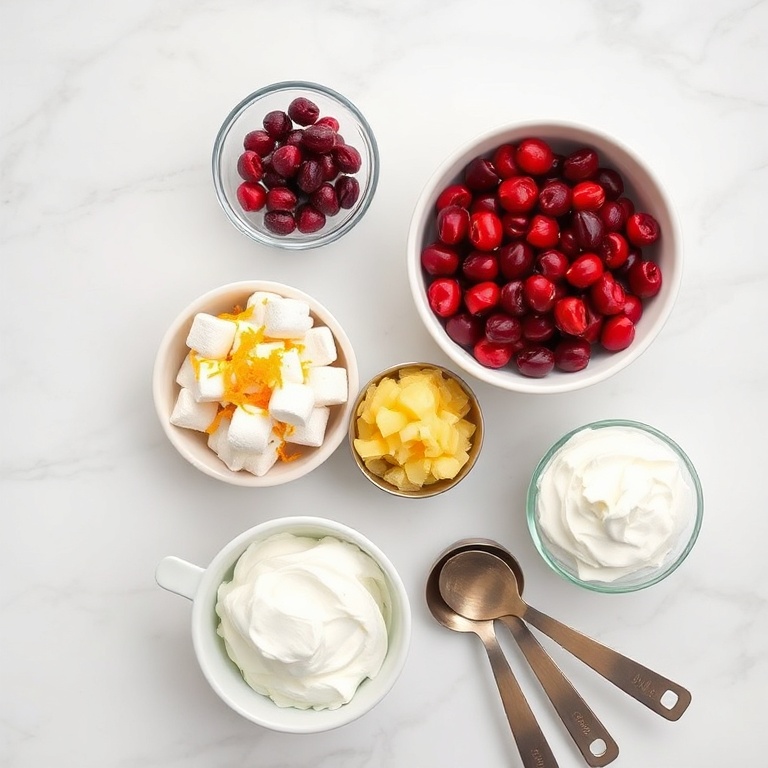 Overhead flat lay of raw ingredients: fresh cranberries, mini marshmallows, orange zest, whipped cream, and crushed pineapple in small prep bowls with measuring cups and spoons on white marble.