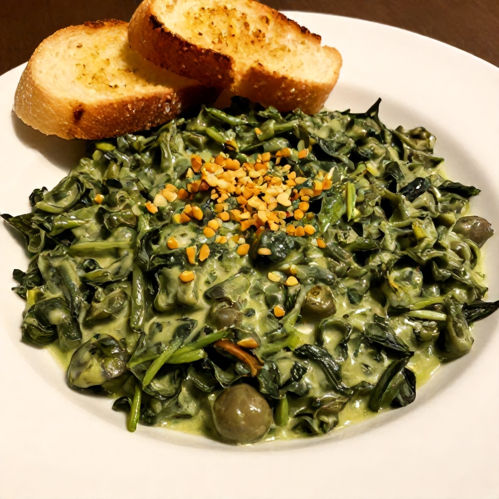 Creamed Spinach and Artichokes plated with garlic bread