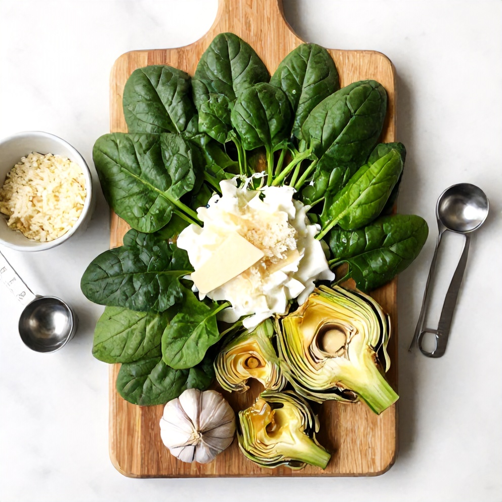 Fresh spinach, artichoke hearts, garlic, cream, and Parmesan cheese on a wooden board