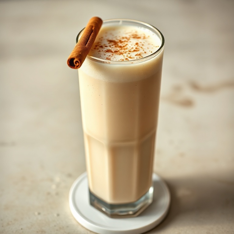 Tall clear glass filled with creamy coconut horchata, cinnamon stick leaning on rim, light dusting of ground cinnamon on surface, condensation on glass, white ceramic coaster, warm side lighting highlighting creamy texture