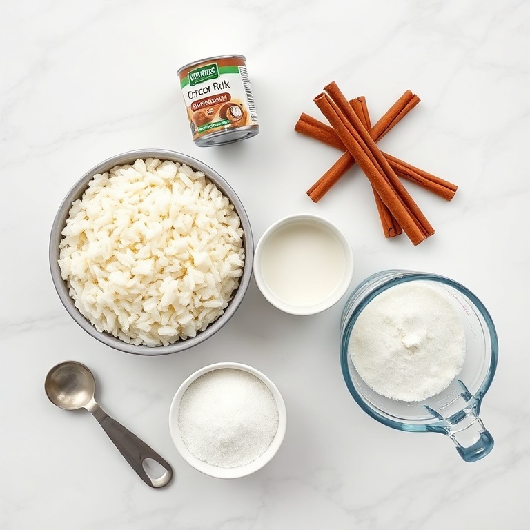 Overhead flat lay of raw ingredients: short-grain white rice, unsweetened coconut milk, whole cinnamon sticks, vanilla bean paste, granulated sugar, small ceramic bowls, stainless steel measuring spoons, clear glass measuring cup, white marble surface