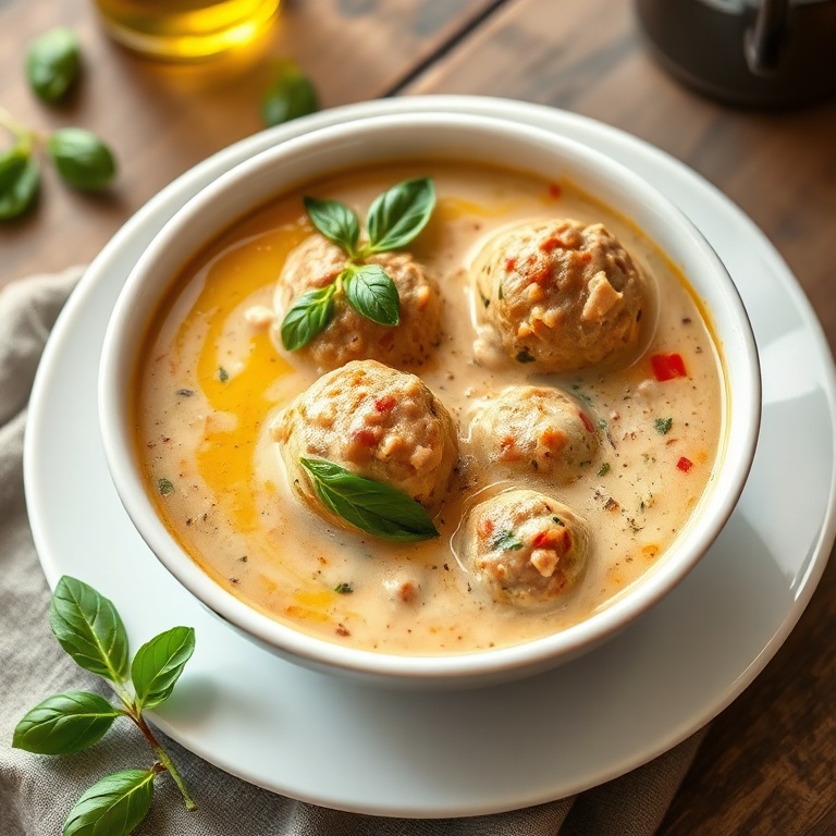 Single serving of creamy Italian meatball soup in a wide white ceramic bowl, garnished with fresh basil leaves and a drizzle of olive oil, with steam rising.
