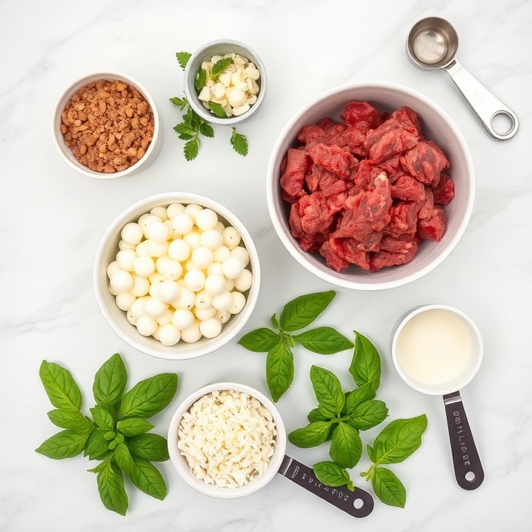 Overhead flat lay of raw ingredients: ground beef, Italian sausage, fresh mozzarella pearls, grated parmesan, fresh basil leaves, garlic cloves, olive oil, tomato paste, and crushed tomatoes on white marble.
